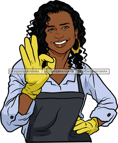 Afro Woman Cleaning Service Maid Housekeeper Apron Gloves Bamboo Earrings Curly Hair Style SVG Cutting Files For Silhouette and Cricut