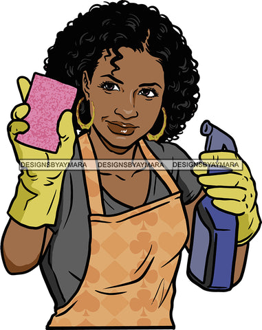 Afro Woman Cleaning Service Maid Housekeeper Bamboo Earrings Apron Curly Hair Style SVG Cutting Files For Silhouette and Cricut