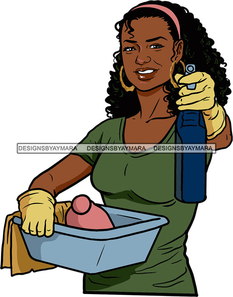 Afro Woman Cleaning Service Maid Housekeeper Bamboo Earrings Curly Hair Style SVG Cutting Files For Silhouette and Cricut