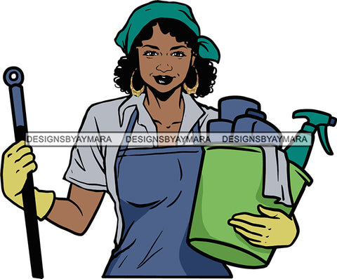 Afro Woman Cleaning Service Maid Housekeeper Bamboo Earrings Curly Hair Style SVG Cutting Files For Silhouette and Cricut