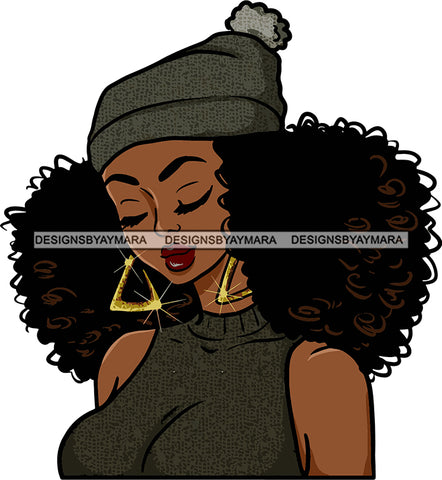Afro Urban Street Black Girls Babe Bamboo Earrings Sexy Cap Hat Beanie Tassel Curly Hair Style  SVG Cutting Files For Silhouette Cricut