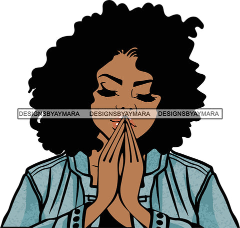 Black Lady Praying God Nubian Portrait Sexy Woman Afro Hair Style Denim Closing Eyes  SVG Cutting Files For Silhouette Cricut