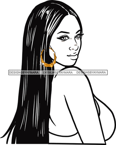 Afro Urban Street Girls Babe Bamboo Hoop Earrings Sexy Long Straight Hair Style B/W SVG Cutting Files For Silhouette Cricut
