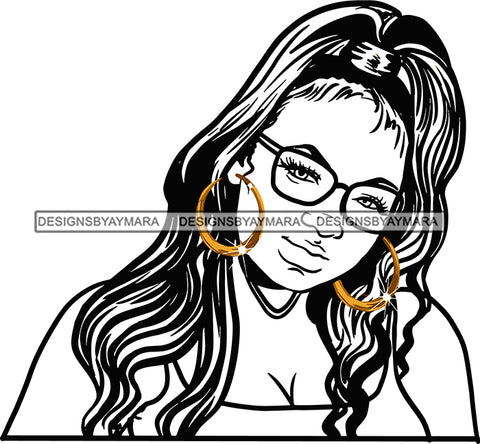 Afro Urban Street Girls Babe Bamboo Hoop Earrings Glasses Sexy Long Straight Hair Style B/W SVG Cutting Files For Silhouette Cricut