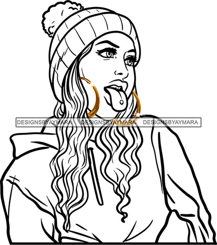 Afro Urban Street Girls Babe Bamboo Hoop Earrings Attitude Sexy Long Straight Hair Style B/W SVG Cutting Files For Silhouette Cricut