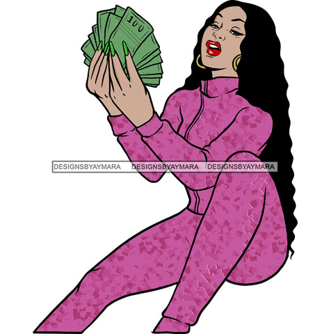 Afro Black Woman Money Hustler Swag Sexy Lips Hoop Earrings Long Curly Hair Style SVG Cutting Files For Silhouette Cricut