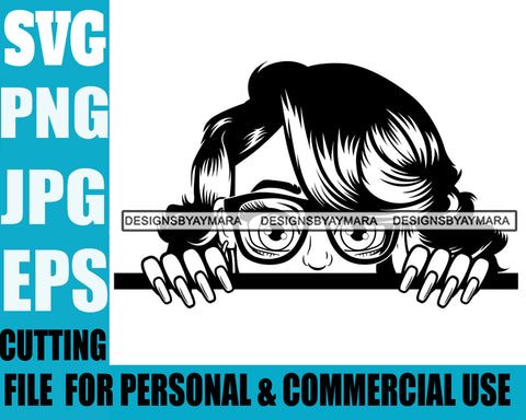 Lili Black Girl Woman Peeking Peekaboo Glasses Nails Nubian Queen Melanin Curly Hair Style Personal & Commercial Use B/W SVG Cutting Files For Silhouette Cricut More