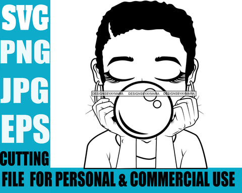 Afro Lili Black Girl Woman Bubble Gum Queen Melanin Short Hair Style Personal & Commercial Use B/W SVG Cutting Files For Silhouette Cricut More