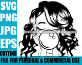 Afro Lili Black Girl Woman Bubble Gum Queen Melanin Curly Hair Style Personal & Commercial Use B/W SVG Cutting Files For Silhouette Cricut More