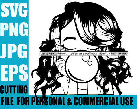 Afro Lili Black Girl Woman Bubble Gum Queen Melanin Curly Hair Style Personal & Commercial Use B/W SVG Cutting Files For Silhouette Cricut More