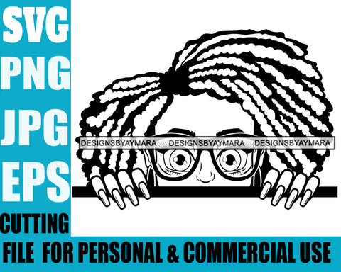 Afro Lili Black Girl Woman Peeking Peekaboo Glasses Nails Nubian Queen Melanin Dreadlocks Hair Style Personal & Commercial Use B/W SVG Cutting Files For Silhouette Cricut More