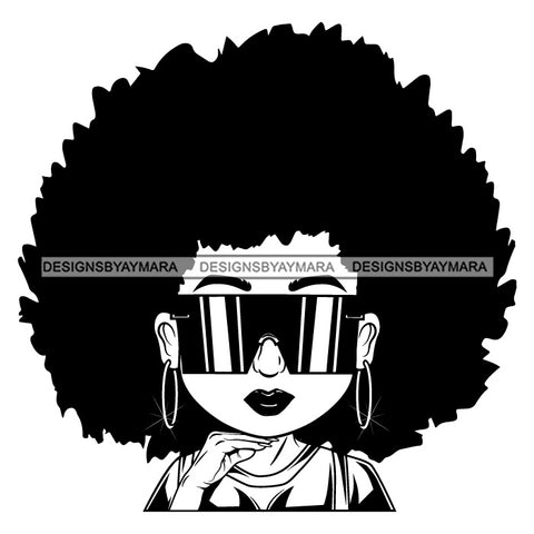 Afro Lili Black Girl Woman Glamour Hoop Earrings Sunglasses Queen Afro Hair Style B/W SVG Cutting Files For Silhouette Cricut More