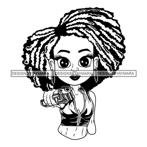 Afro Lili Black Girl Woman Armed Gun Gangster Glamour Hoop Earrings Dreadlocks Hair Style B/W SVG Cutting Files For Silhouette Cricut More