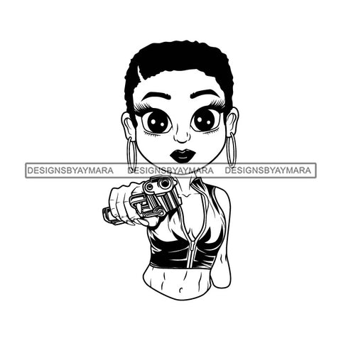 Afro Lili Black Girl Woman Armed Gun Gangster Glamour Hoop Earrings Short Hair Style B/W SVG Cutting Files For Silhouette Cricut More