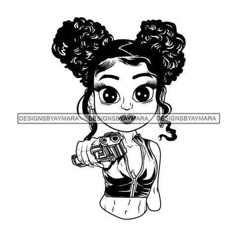 Afro Lili Black Girl Woman Armed Gun Gangster Glamour Hoop Earrings Pigtails Hair Style B/W SVG Cutting Files For Silhouette Cricut More