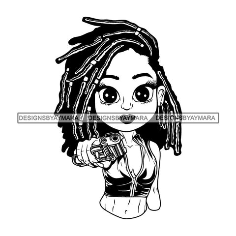 Afro Lili Black Girl Woman Armed Gun Gangster Glamour Hoop Earrings Dreadlocks Hair Style B/W SVG Cutting Files For Silhouette Cricut More