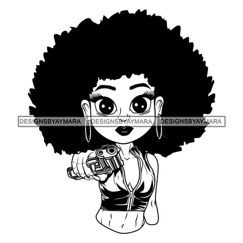 Afro Lili Black Girl Woman Armed Gun Gangster Glamour Hoop Earrings Afro Hair Style B/W SVG Cutting Files For Silhouette Cricut More