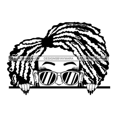 Afro Lili Black Girl Woman Peeking Peekaboo Glasses Nails Nubian Queen Melanin Dreadlocks Hair Style B/W SVG Cutting Files For Silhouette Cricut More