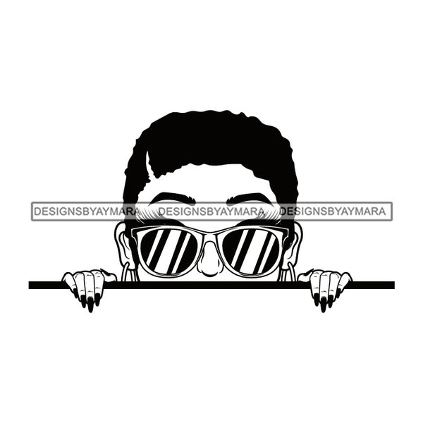 Afro Lili Black Girl Woman Peeking Peekaboo Glasses Nails Nubian Queen Melanin Short Hair Style B/W SVG Cutting Files For Silhouette Cricut More