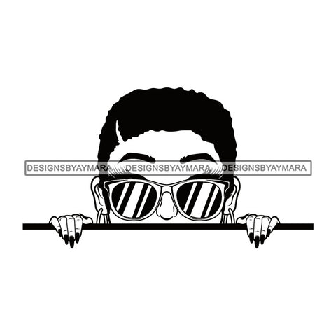 Afro Lili Black Girl Woman Peeking Peekaboo Glasses Nails Nubian Queen Melanin Short Hair Style B/W SVG Cutting Files For Silhouette Cricut More