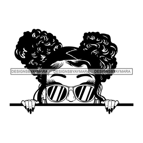 Afro Lili Black Girl Woman Peeking Peekaboo Glasses Nails Nubian Queen Melanin Pigtails Hair Style B/W SVG Cutting Files For Silhouette Cricut More