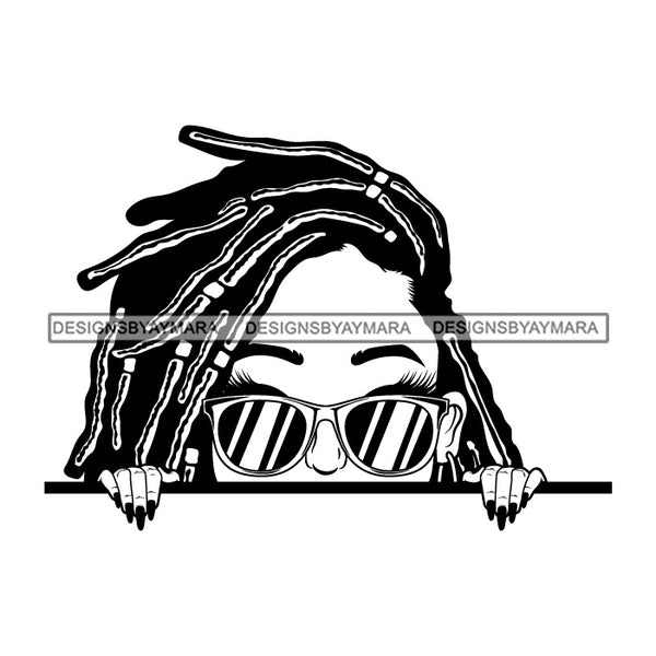 Afro Lili Black Girl Woman Peeking Peekaboo Glasses Nails Nubian Queen Melanin Dreadlocks Hair Style B/W SVG Cutting Files For Silhouette Cricut More