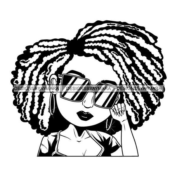 Afro Lili Black Girl Woman Glamour Hoop Earrings Sunglasses Queen Dreadlocks Hair Style B/W SVG Cutting Files For Silhouette Cricut More