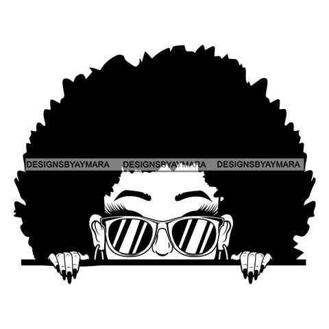 Afro Lili Black Girl Woman Peeking Peekaboo Glasses Nails Nubian Queen Melanin Afro Hair Style B/W SVG Cutting Files For Silhouette Cricut More