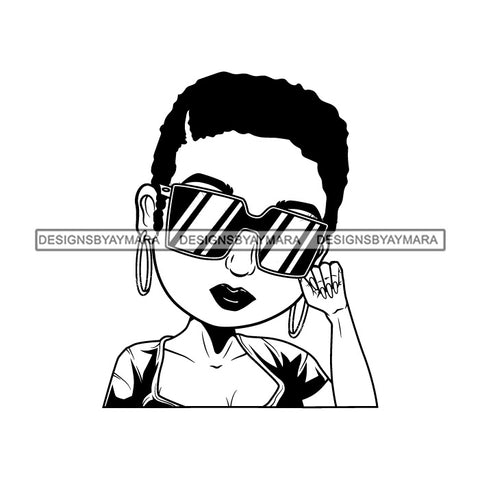 Afro Lili Black Girl Woman Glamour Hoop Earrings Sunglasses Queen Short Hair Style B/W SVG Cutting Files For Silhouette Cricut More