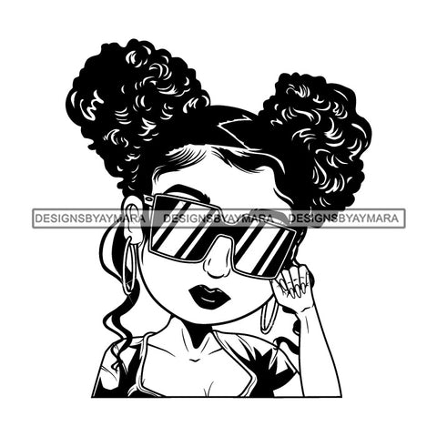 Afro Lili Black Girl Woman Glamour Hoop Earrings Sunglasses Queen Banku Knots Hair Style B/W SVG Cutting Files For Silhouette Cricut More