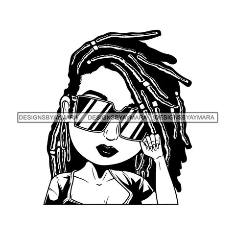 Afro Lili Black Girl Woman Glamour Hoop Earrings Sunglasses Queen Dreadlocks Hair Style B/W SVG Cutting Files For Silhouette Cricut More