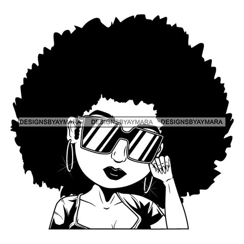 Afro Lili Black Girl Woman Glamour Hoop Earrings Sunglasses Queen Afro Hair Style B/W SVG Cutting Files For Silhouette Cricut More