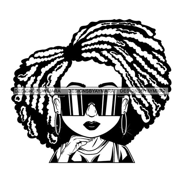 Afro Lili Black Girl Woman Glamour Hoop Earrings Sunglasses Queen Dreadlocks Hair Style B/W SVG Cutting Files For Silhouette Cricut More