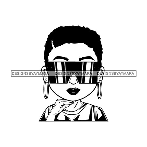 Afro Lili Black Girl Woman Glamour Hoop Earrings Sunglasses Queen Short Hair Style B/W SVG Cutting Files For Silhouette Cricut More