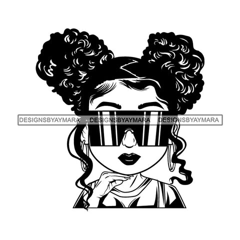 Afro Lili Black Girl Woman Glamour Hoop Earrings Sunglasses Queen Banku Knots Hair Style B/W SVG Cutting Files For Silhouette Cricut More