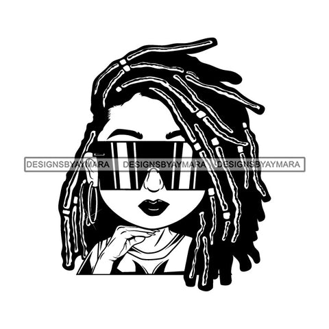 Afro Lili Black Girl Woman Glamour Hoop Earrings Sunglasses Queen Dreadlocks  Hair Style B/W SVG Cutting Files For Silhouette Cricut More