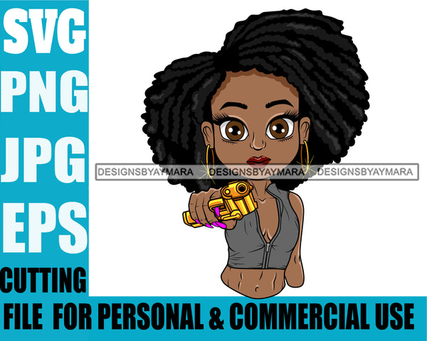 Afro Lili Black Girl Woman Armed Gun Gangster Glamour Hoop Earrings Dreadlocks Hair Style SVG Cutting Files For Silhouette Cricut More