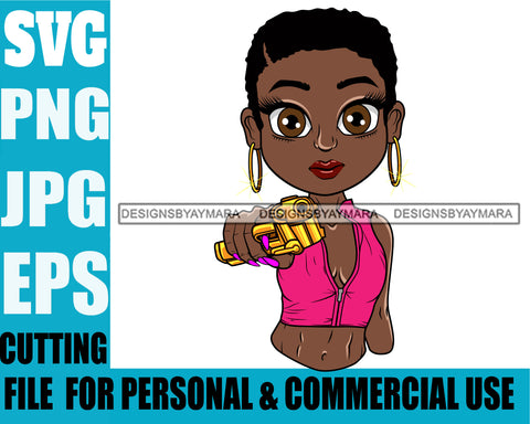 Afro Lili Black Girl Woman Armed Gun Gangster Glamour Hoop Earrings Short Hair Style SVG Cutting Files For Silhouette Cricut More