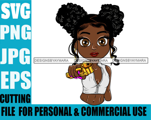 Afro Lili Black Girl Woman Armed Gun Gangster Glamour Hoop Earrings Pigtails Hair Style SVG Cutting Files For Silhouette Cricut More