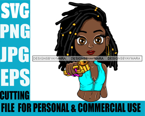Afro Lili Black Girl Woman Armed Gun Gangster Glamour Hoop Earrings Dreadlocks Hair Style SVG Cutting Files For Silhouette Cricut More