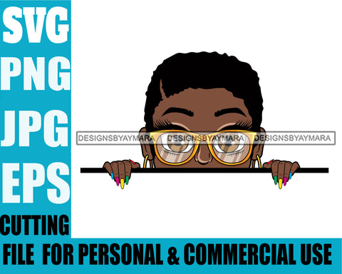 Afro Lili Black Girl Woman Peeking Peekaboo Glasses Nails Nubian Queen Melanin Short Hair Style SVG Cutting Files For Silhouette Cricut More