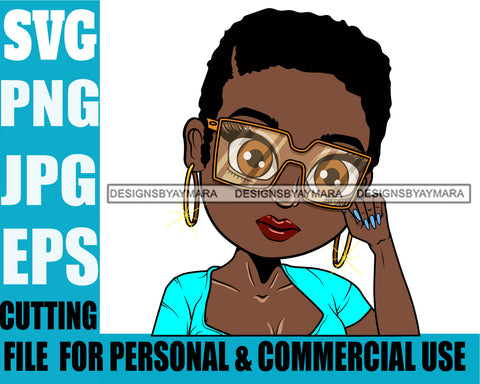Afro Lili Black Girl Woman Glasses Hoop Earrings Glamour Queen Melanin Short Hair Style Personal & Commercial Use SVG Cutting Files For Silhouette Cricut More