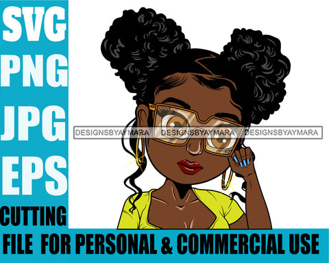 Afro Lili Black Girl Woman Glasses Hoop Earrings Glamour Queen Melanin Pigtails Hair Style Personal & Commercial Use SVG Cutting Files For Silhouette Cricut More