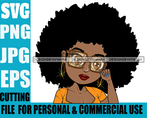 Afro Lili Black Girl Woman Glasses Hoop Earrings Glamour Queen Melanin Afro Hair Style Personal & Commercial Use SVG Cutting Files For Silhouette Cricut More