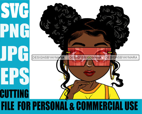 Afro Lili Black Girl Woman Sunglasses Hoop Earrings Glamour Queen Melanin Pigtails Hair Style Personal & Commercial Use SVG Cutting Files For Silhouette Cricut More