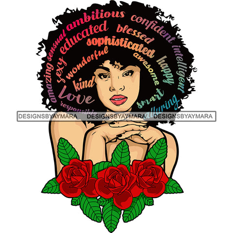 Queen Black Woman Quote Blessed Confident Holding Red Roses SVG JPG PNG Vector Clipart Cricut Silhouette Cut Cutting