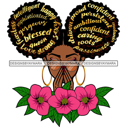 Queen Black Woman Quote Blessed Confident Holding Pink Flowers  SVG JPG PNG Vector Clipart Cricut Silhouette Cut Cutting