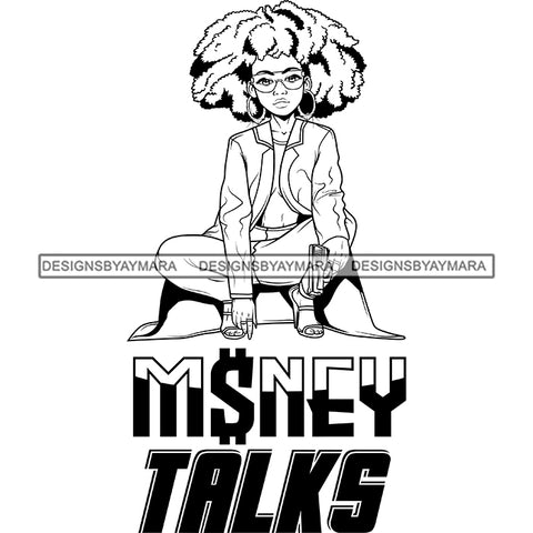 Sassy Afro Woman Money Talks Business Sunglasses Puffy Afro Hairstyle B/W SVG JPG PNG Vector Clipart Cricut Silhouette Cut Cutting