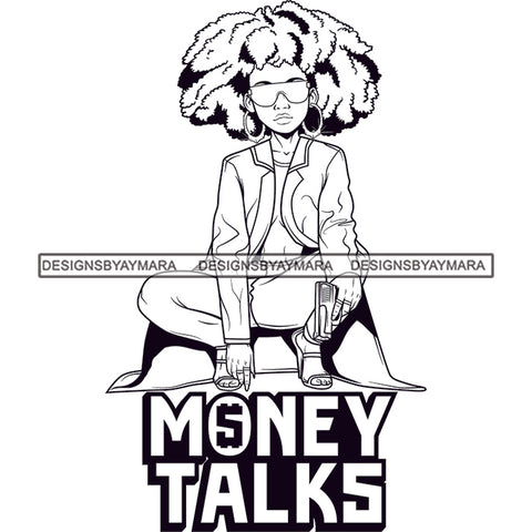 Sassy Afro Woman Money Talks Business Sunglasses Hoop Earrings Afro Hairstyle B/W SVG JPG PNG Vector Clipart Cricut Silhouette Cut Cutting