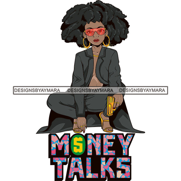 Sassy Afro Woman Money Talks Business Sunglasses Hoop Earrings Afro Hairstyle SVG JPG PNG Vector Clipart Cricut Silhouette Cut Cutting